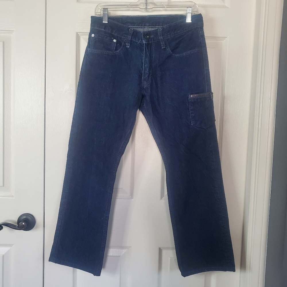 Levi's 514 Straight Motion Denim Blue Jeans Size 31x32 Black Leather Label